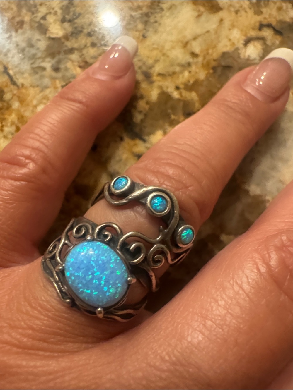 Vintage Blue Opal Shablool Israel 925 Sterling Silver Unique Ring Size 8